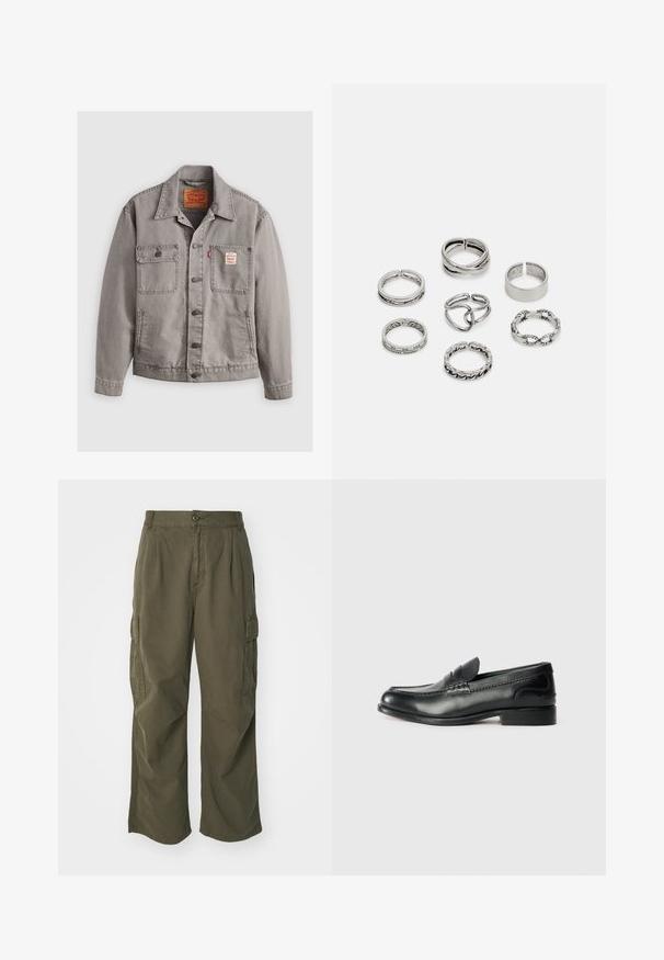 Pilkas džinsinis švarkas su smailiu apykakle, dviem priekinėm kišenėm, mygtukų uždarymu ir prekinio ženklo etiketėm ant kairės kišenės. Minkšta tekstūra.; Balta, ilga rankovė T-maiša, pagaminta iš medvilnės. Apvalios iškirptės dizainas su raukiniais ant rankovių ir nedidelis logotipas ant kairės rankovės. Glotni tekstūra.; Olive žalių spalvos krovinių kelnės, pagamintos iš medvilnės, su plačiomis kojomis, raukšlėmis ir šoninėmis kišenėmis praktiškumui.; Juodos odinės loafer tipo bateliai su lygiu paviršiumi, siuvinėjimu per priekį ir šiek tiek pakelta pakulne.; Septyni sidabriniai žiedai, nusprendti įvairiais dizainais, įskaitant susuktus, susietus ir raižytus raštus. Skirtingos formos ir pločiai.