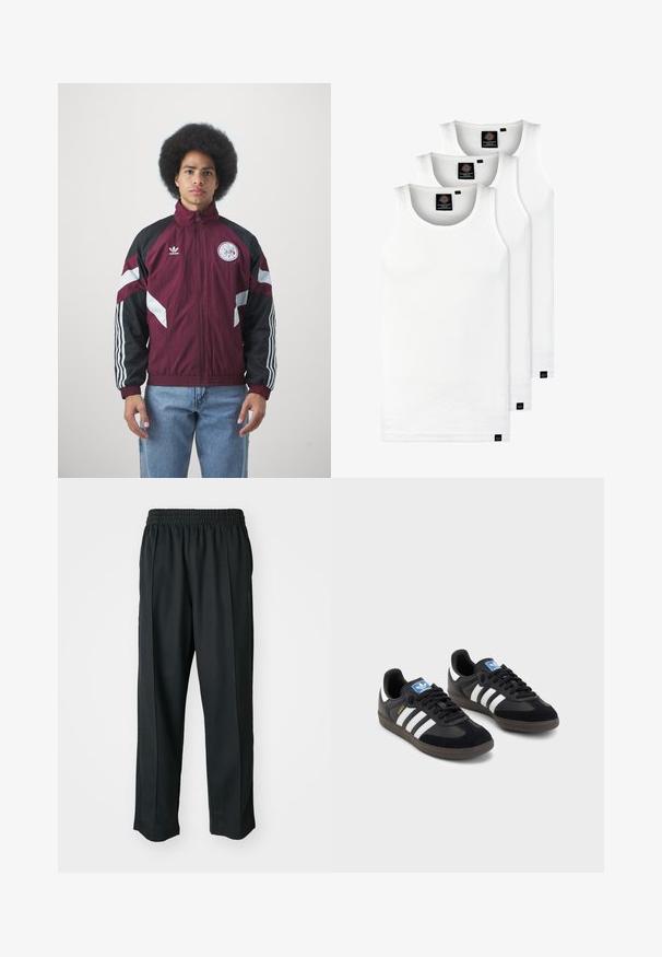 Maroon and black windbreaker jacket with white accents, full zip, high collar, logo on chest, elastic cuffs, and three white stripes on sleeves.; Three white ribbed tank tops made of cotton. Features a crew neck and small black labels near the hem. Available in multiple sizes.; Black athletic pants with an elastic waistband, made of smooth fabric, featuring subtle side stitching and a relaxed fit, straight leg design.; Black sneakers with a suede and synthetic upper, featuring three white stripes, textured rubber sole, and blue logo tag on the tongue.