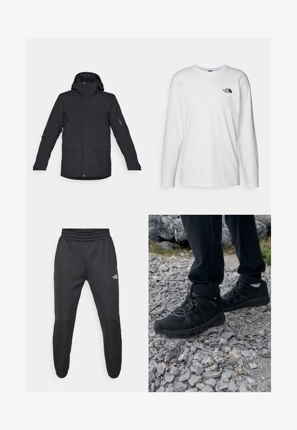 Czarna wodoodporna kurtka z kapturem, z zamkiem błyskawicznym na lewym rękawie, dwoma przednimi kieszeniami oraz gładką, matową fakturą.; Biała koszulka z długim rękawem wykonana z bawełny, z okrągłym dekoltem. Posiada małe czarne logo na piersi. Gładka faktura, regularny krój.; Czarne dresy z elastycznym paskiem w talii, zwężanym krojem, elastycznymi mankietami i małym białym logo na lewej udzie, wykonane z gładkiego materiału.; Czarne buty outdoorowe wykonane z siateczki i materiału syntetycznego, z fakturowaną cholewką, zabezpieczonym systemem sznurowania i solidną podeszwą, na skalistym terenie.