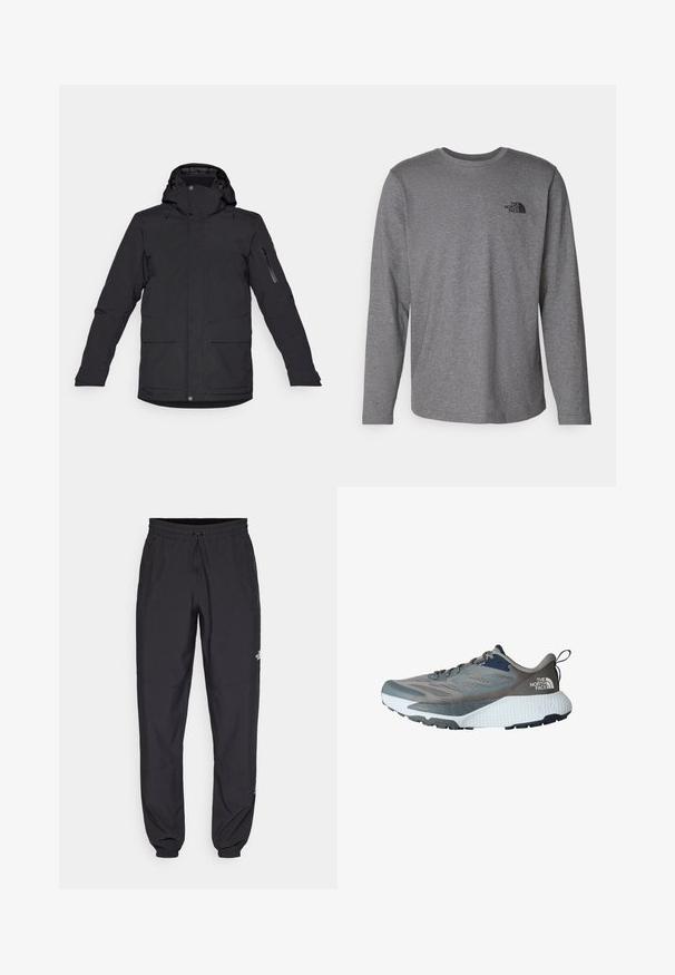 Black waterproof jacket with a hood, featuring a zipper pocket on the left arm, two front pockets, and a smooth, matte texture.; The North Face M L/S SIMPLE DOME TEE - Long sleeved top - medium grey heather; Black athletic pants made from lightweight fabric, featuring a drawstring waistband, side pockets, and tapered cuffs at the ankles.; Gray athletic shoe with mesh upper, navy accents, textured white midsole, and black rubber outsole. Features laces and heel pull tab.