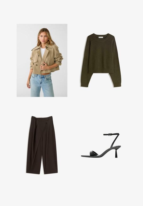 Stradivarius SMART FLOWING - Kevyt takki - khaki; Oliivinvihreä lyhyt paita, joka on valmistettu pehmeästä, teksturoidusta kankaasta. Siinä on pitkät hihat ja pyöreä pääntie, jossa on resorireunukset helmassa.; Tummanruskeat leveälahkeiset housut, joissa on korkea vyötärö, yhden napin sulkea ja pleatattu etuosa. Valmistettu kevyestä kankaasta.; Bershka Korolliset sandaalit - black