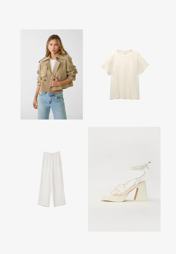 Stradivarius SMART FLOWING - Ljetna jakna - khaki; Svijetlo bež majica kratkih rukava s okruglim izrezom, izrađena od meke, glatke tkanine. Karakterizira je opušteni kroj i ravni rub.; Bijele hlače širokih nogavica napravljene od lagane tkanine. Imaju elastičan pojas s ušicom i bočne džepove. Glatka tekstura.; Bijela sandala na visokoj potpetici s debelim petom, s remenom i vezanjem oko gležnja. Glatka tekstura s platformom sprijeda za dodatnu visinu.