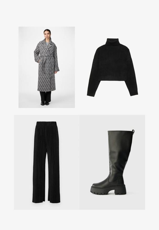 Hundtandsmönstrad lång kappa i svart och vitt, med bred krage, midjeband och lösa ärmar, i kombination med svarta byxor.; Svart kortärmad tröja med ribbade ståkrage och muddar, med en slät yta och avslappnad passform. Enkel, minimalistisk design.; Svarta plisserade byxor med resårmidja. Har vida ben och ett mjukt, texturerat material med vertikala ränder.; Knähöga svarta gummistövlar med en kraftig sula, slät yta och en dragflik på baksidan för enkel påtagning. Rund tådesign.