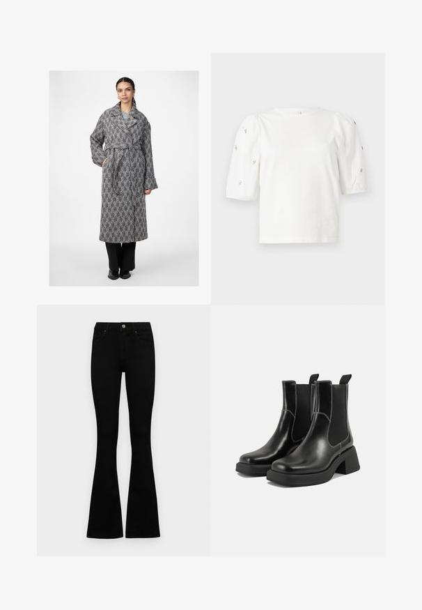 Houndstooth-mønstret lang frakk i svart og hvitt, med bred krage, belte i livet og løse ermer, sammen med svarte bukser.; Hvit bomull T-skjorte med korte pufferm, med små sølvdekorasjoner langs ermene. Klassisk rund hals, avslappet passform.; Sorte høytlivsjeans med knapp og glidelås, frontlommer og utsvingte bein liggende flatt på en hvit bakgrunn.; Sorte lær Chelsea støvler med en kraftig hæl, elastiske sidepaneler og kontrasterende hvid syning. Teksturert overflate.