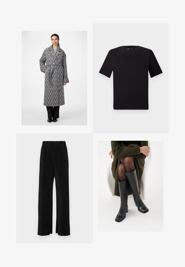 Μακρύ παλτό με σχέδιο καρό σε μαύρο και άσπρο, χαρακτηρισμένο από πλατύ γιακά, ζώνη στη μέση και φαρδιά μανίκια, συνδυασμένο με μαύρο παντελόνι.; Μαύρο κοντομάνικο μπλουζάκι με στρογγυλή λαιμόκοψη, κατασκευασμένο από απαλό βαμβακερό ύφασμα. Απλός σχεδιασμός, χωρίς ορατά λογότυπα ή μοτίβα.; Μαύροι πλισέ παντελόνια με ελαστική μέση. Διαθέτουν φαρδιά πόδια και μαλακό, υφασμάτινο υλικό με κατακόρυφες ρίγες.; Μαύρες δερμάτινες μπότες έως το γόνατο με τετράγωνη μύτη και τετράγωνο τακούνι, παρουσιασμένες με ένα μοντέλο καθιστό σε ένα ελαιόλαδο πράσινο παλτό. Λείος υφής, ελάχιστη λεπτομέρεια.