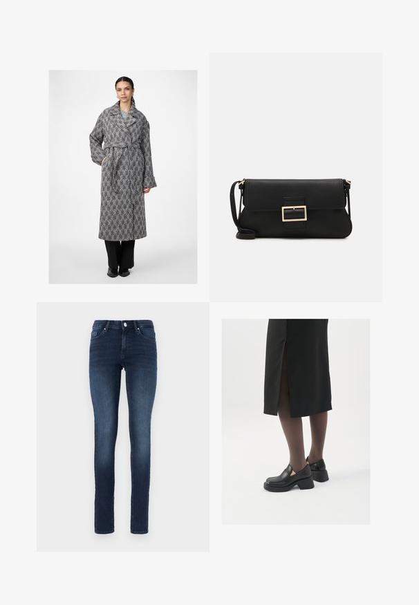 Melna un balta svītrainā garā mētelī ar plašu apkakli, jostas vietu un brīvām piedurknēm, apvienots ar melnā krāsā biksēm.; Balta bezpiedurkņu topiņš no ribotā auduma, ar noapaļotu kakla izgriezumu un pieguļošu siluetu, ar minimālām šuvēm un bez rotājumiem.; Tumši zili skinny džinsi, izgatavoti no denima, ar klasisku piecu kabatu dizainu, pogu aizdari un nelielu izbalējumu uz augšstilbiem.; Melni ādas apavi ar noapaļotu purngalu, biezām bloku papēžiem un elastīgiem sānu akcentiem, apvienoti ar tumšām zeķubiksēm un melnu svārku ar šķirbu.; Melnas ādas saķeres soma ar atloku un zelta metāla sprādzi. Ietver melnu siksnu un elegantu, minimālistisku dizainu.