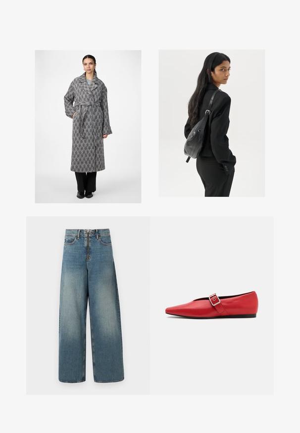 Houndstooth-mønstret lang frakk i svart og hvitt, med bred krage, belte i livet og løse ermer, sammen med svarte bukser.; Hvit ermeløs tanktop laget av ribbet stoff, med rund hals og en tettsittende silhuett, med minimale sømmer og ingen dekorasjoner.; Bukse med vid ben i lys blå vask. Har glidelås og knappelukking, samt subtil falming for et brukt utseende.; Røde lærflatsko med spiss tå, med en sidespenne med metallspenne og en lav svart hæl. Glatt tekstur gjennom hele skoen.; Kvinne med langt mørkt hår iført et svart jakkesett, som bærer en svart skinn skulderveske, og ser over skulderen mot en hvit bakgrunn.