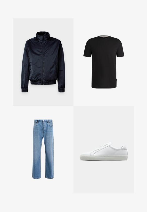 Navy blue bomber jacket made of smooth, lightweight material, featuring a zip front, high collar, elastic cuffs, and waistband.; Black short-sleeve t-shirt made of smooth cotton with a round neckline. Features a subtle brand label on the left side near the hem.; Light blue denim jeans with a straight-leg design, five pockets, button closure, minimal fading, and contrasting stitching details.; White sneaker with a smooth leather upper and a low profile. Features a rounded toe, six eyelets, and a textured rubber sole.