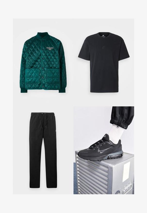 Gequilte bomberjack in donker teal, met een geribbelde kraag, twee voorzakken, drukknoopsluiting en geborduurd logo op de borst.; Zwarte katoenen t-shirt van Nike met een klassieke ronde hals, korte mouwen en een subtiele, reliëflogo op de borst. Gladde textuur.; Zwarte sweatpants van fleece, met een elastische tailleband met trekkoorden, twee voorzakken en een klein logo op de dij.; Nike Sportswear PULSE - Sneakers laag - black/anthracite