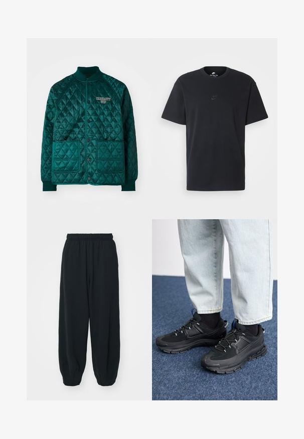 Quiltet bomberjakke i mørk tegrøn med ribbestrikket krage, to frontlommer, knappelukking og brodert logo på brystet.; Nike svart bomull T-skjorte med klassisk rund hals, korte ermer, og en subtil, preget logo på brystet. Glatt tekstur.; Sorte, joggebukser med elastisk liv, løs passform, mansjetter på ankler, glatt tekstur og uten synlige mønstre eller hardware-detaljer.; Svarte sportssko med teksturert stoff og gummisåler, med elastiske lisser og en blå detalj på hælen. Brukt med lyse denimbukser.