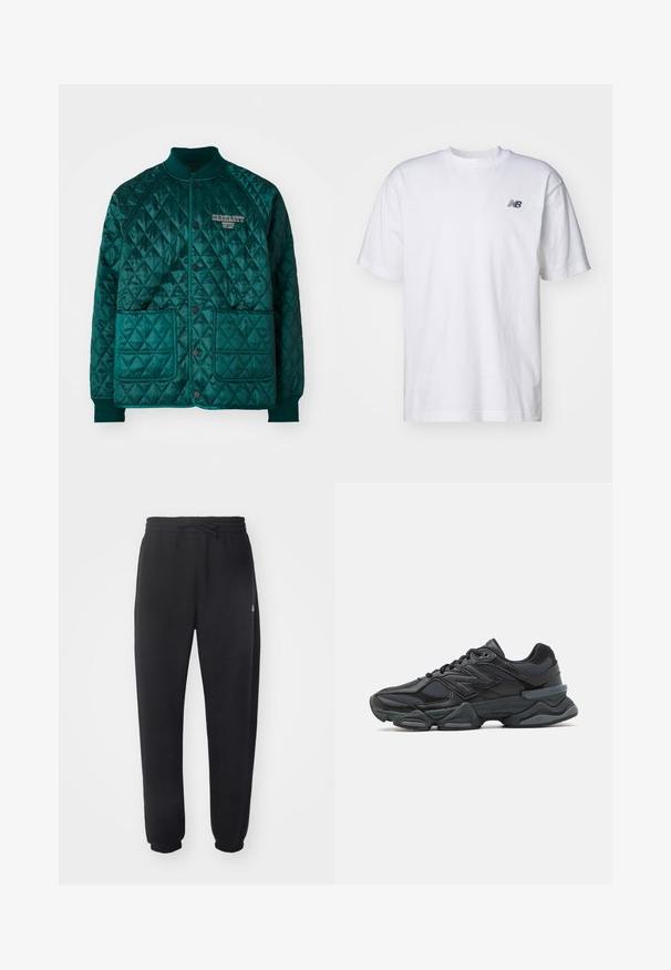 Prešívaná bomber bunda v tmavom teal, s rebrovaným golierom, dvoma prednými vreckami, zapínaním na patentky a vyšitým logom na hrudi.; Biele tričko s krátkym rukávom a okrúhlym výstrihom s malým čiernym logom New Balance na ľavej hrudi na jednoduchom pozadí.; Čierne tepláky vyrobené z mäkkého materiálu s elastickým pásom, šnúrkou na stiahnutie a zúženými manžetami, s jemným logom na boku.; Čierna bežecká obuv so zmesou sieťoviny a syntetických materiálov, robustnou podrážkou, zakriveným dizajnom a výrazným logom na boku.