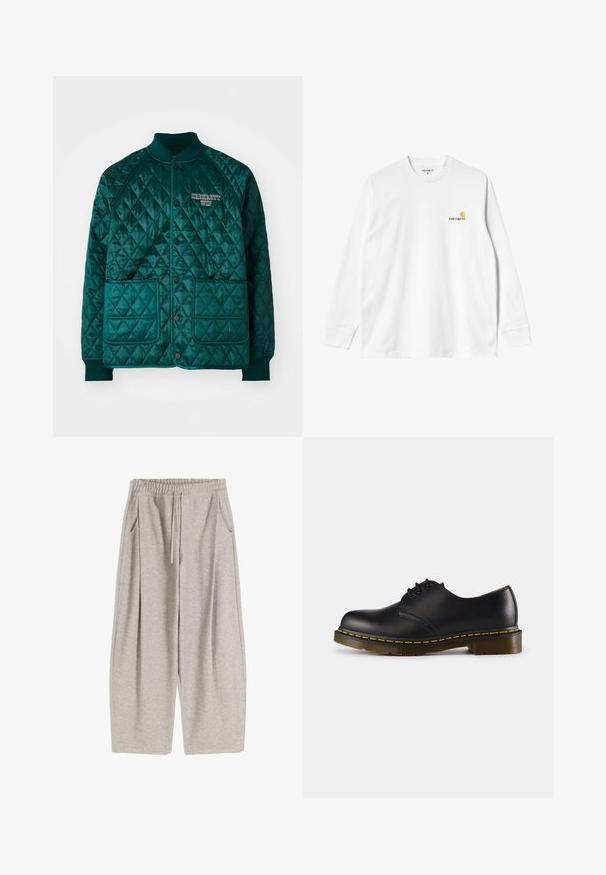 Töltött bomber dzseki sötétzöld színben, bordázott gallérral, két elülső zsebbel, patentos záródással, és hímzett logóval a mellkasán.; Hosszú ujjú fehér pamut póló, kerek nyakkal, bal mellen egy kis sárga és bordó logóval. Zökkenőmentes mandzsetták és szegély.; Világosszürke melegítőnadrág rugalmas derékrésszel, állítható zsinórral, két oldalsó zsebbel és laza, bővülő lábakkal. Puha tapintás, redőzött dizájn.; Fekete bőr cipő lekerekített orral, fűzős kialakítással, sárga varrással a talp mentén és masszív, texturált gumi talppal.