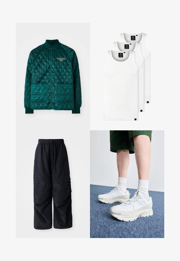 Gepolsterte Bomberjacke in dunklem Blaugrün, mit Rippkragen, zwei Fronttaschen, Druckknopfverschluss und besticktem Logo auf der Brust.; Drei weiße, gerippte Tanktops aus Baumwolle. Merkmale einen Rundhalsausschnitt und kleine schwarze Etiketten am Saum. In mehreren Größen erhältlich.; Schwarze, leichte Nylon-Cargohosen mit elastischem Bund, verstellbarem Kordelzug und mehreren geschichteten Taschen an den Beinen.; Weiße Sportschuhe mit strukturierten Überzügen, einer dicken Sohle und grauen Akzenten. Tragen mit weißen Crew-Socken und grünen Shorts auf einer blauen Oberfläche.