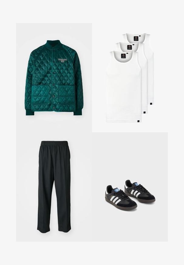 Gequilte bomberjack in donker teal, met een geribbelde kraag, twee voorzakken, drukknoopsluiting en geborduurd logo op de borst.; Drie witte geribde tanktops van katoen. Kenmerken zijn een ronde hals en kleine zwarte labels nabij de zoom. Verkrijgbaar in meerdere maten.; Zwarte sportbroek met een elastische tailleband, gemaakt van gladde stof, met subtiele zijnaad en een relaxte pasvorm, recht gesneden.; Zwarte sneakers met een bovenwerk van suède en synthetisch materiaal, voorzien van drie witte strepen, een gestructureerde rubberen zool en een blauw logo-label op de tong.
