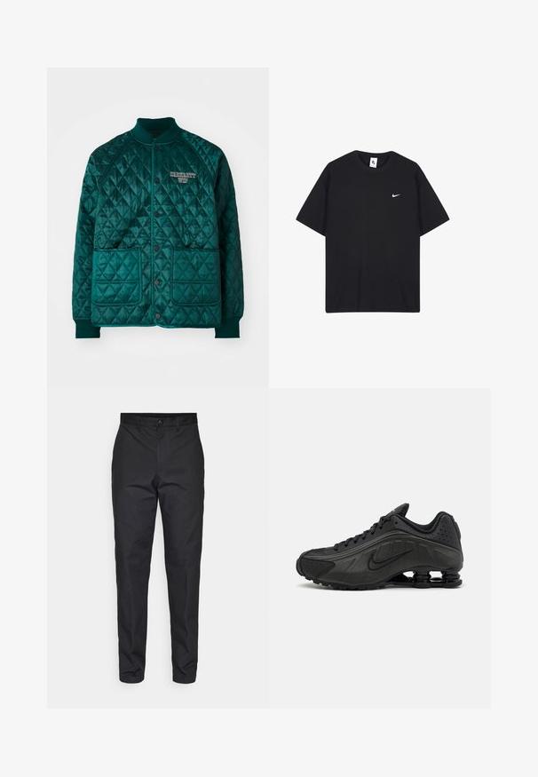 Quilted bomber jacket in dark teal, featuring a ribbed collar, two front pockets, snap button closure, and embroidered logo on the chest.; Black Nike t-shirt made of cotton, featuring a crew neckline and short sleeves. Includes a small white Nike logo on the left chest.; Black trousers made of a smooth fabric, featuring a straight fit, button closure, and standard pockets. No visible patterns or accents.; Black running shoes featuring a smooth synthetic upper, perforated accents, textured side panels, and a distinct springy sole.