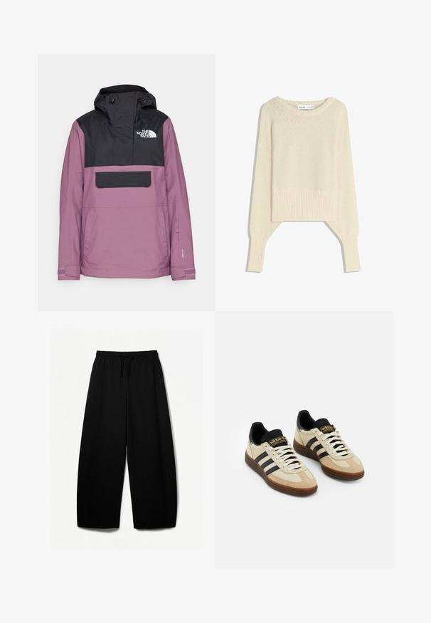 The North Face DRIFTVIEW ANORAK - Bunda za deskanje na snegu - black/midnight mauve; Svetra v svetlem bež odtenku, skrajšanega kroja, izdelana iz mehke pletene tkanine, ima širok izrez, spuščena ramena ter rebraste manšete in spodnji rob.; Črne široke hlače z elastičnim pasom in vrvico. Mehak material z gladko teksturo. Ravno krojene z bočnimi šivi.; Bež športni čevlji iz semiša z črnimi usnjenimi detajli, belimi vezalkami in rjavim gumijastim podplatom. Tri črne črte na vsaki strani.