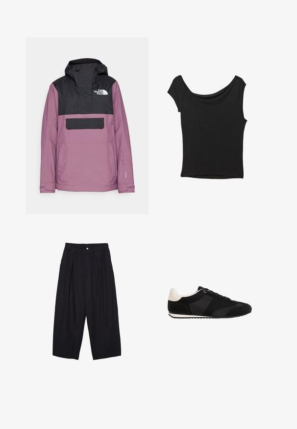 The North Face DRIFTVIEW ANORAK - Jakna za daskanje na snijegu - black/midnight mauve; Crna majica kratkih rukava od glatkog materijala; ima drapirani izrez i asimetrični donji rub, uz prilagođeni kroj tijela.; Crne poliester hlače culotte s elastičnim pojasom, dva prednja nabora i širokim krojem. Nema vidljivih uzoraka ili metalnih detalja.; Crne atletske cipele s teksturiranim nubuk gornjim dijelom, glatkim sintetičkim detaljima i kontrastnim kremastim petom. Imaju klasične vezice i gumeni potplat.