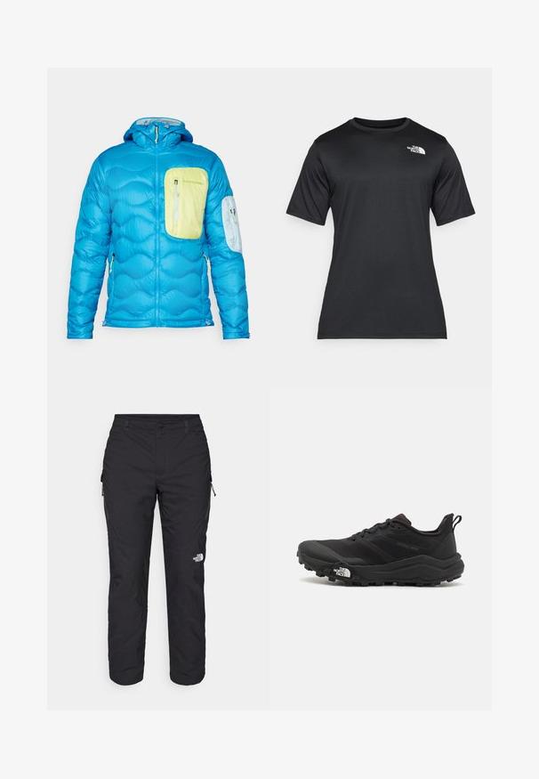 Zila izolētā jaka ar kviltinga tekstūru, priekšējā krūšu kabata gaiši zaļā krāsā un mazāka kabata uz rokas. Iekļauj kapuci un rāvējslēdzējus.; Melnā īsās piedurknes T-kreklā, izgatavotā no viegla, mitrumu uzsūcoša auduma. Tam ir balts logo kreisajā krūtīs un apaļa kakla izgriezums.; The North Face WINTER EXPLORATION TAPERED CARGO - Āra bikses - black; Melnas taku skriešanas kurpes ar teksturētu virsu, gumijas zoli un pastiprinātu pirkstu daļu. Aprīkotas ar mīkstu apkakli un vilkšanas cilpu, lai viegli uzvilktu.