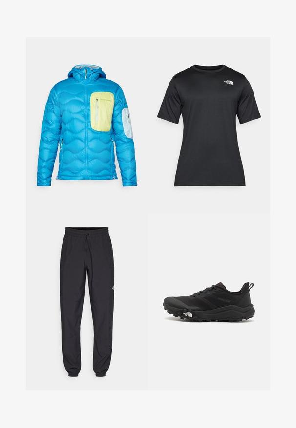 Plava podstavljena jakna s kvadratnim uzorkom, prednji džep na prsima u svijetlozelenoj boji i manji džep na ruci. Sadrži kapuljaču i patentne zatvarače.; Crna majica kratkih rukava od lagane, prozračne tkanine koja upija vlagu. Ima bijeli logo na lijevoj strani prsnog koša i okrugli izrez.; Crne sportske hlače od lagane tkanine, s pojasom na vezanje, bočnim džepovima i suženim manžetama na gležnjevima.; Crne trail trkačke cipele s teksturiranim gornjim dijelom, gumeni potplat i ojačana zaštita za prste. Imaju podstavljen ovratnik i trakicu za lakše obuvanje.