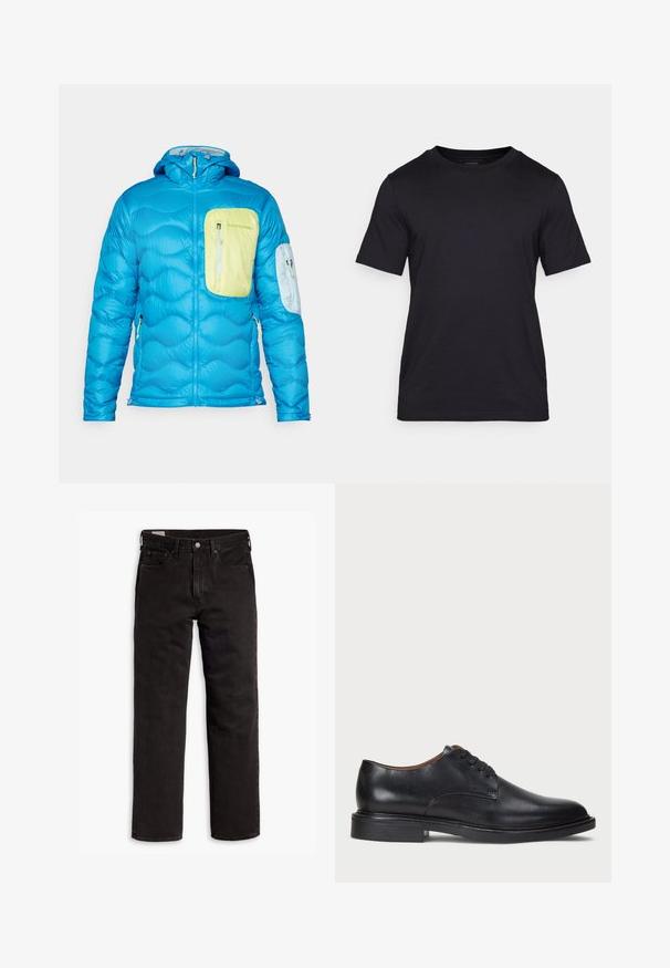 Kék, szigetelt kabát steppelt textúrával, elülső mellzseb világoszöld színben és egy kisebb karzsebbel. Kapucnival és cipzárokkal rendelkezik.; Fekete póló sima anyagból, kerek nyakkivágással és rövid ujjakkal. Diszkrét fekete márkajelzés található a mellkason.; Fekete egyenes szárú farmernadrág öt zsebbel, gombos záródással és övhurkokkal, fehér háttéren elhelyezve.; Fekete bőrből készült dresszcipő kerek orral, fűzős kialakítással és alacsony, rétegelt sarkával. Simás felület minimális varrási részletekkel.