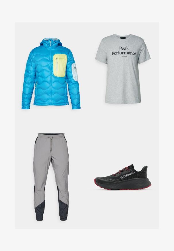 Blå isoleret jakke med quiltet struktur, en brystlomme i lys grøn og en mindre lomme på armen. Har en hætte og lynlåse.; Grå bomulds T-shirt med korte ærmer og rund halsudskæring, med sort tekst der siger "Peak Performance Est. 1986" på forsiden.; Lettere, grå atletiske bukser med sorte detaljer. Elastisk talje, snøre lukning, tapered ben-design og sidelommer.; Sort atletisk sko med struktureret overdel, røde snørebånd og logo. Tykk sål med mønstret bund for godt greb. Minimalistisk design, set fra siden.