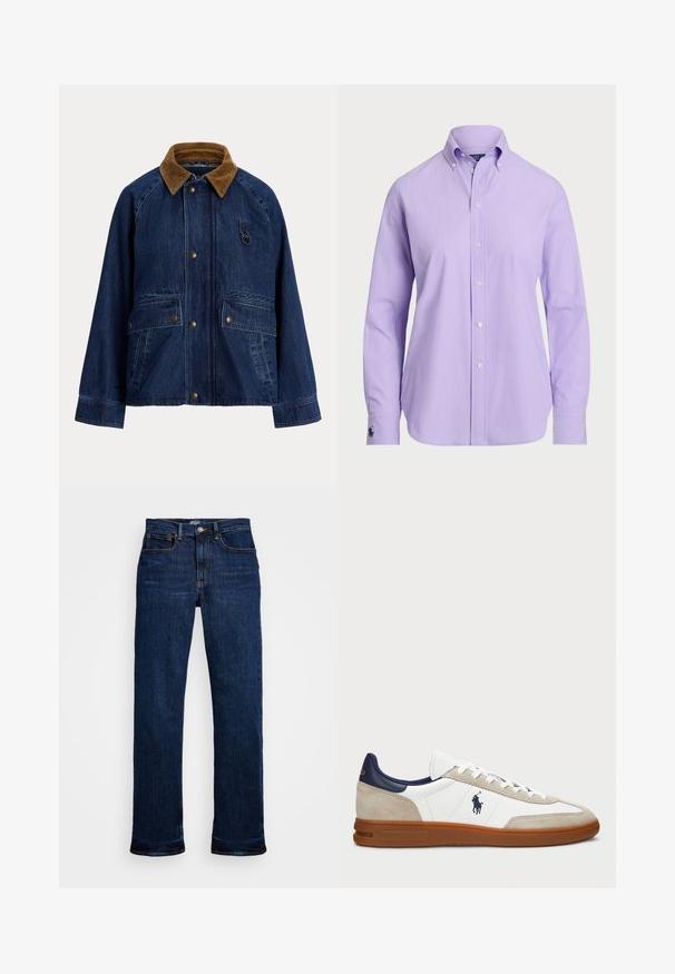 Jachetă din denim cu guler din catifea maro, închidere frontală cu capse, două buzunare mari aplicate și un mic accesoriu tip inel pe piept.; Cămașă butonată de culoare lavandă, cu guler clasic, mâneci lungi și un material ușor. Prezintă un logo brodat subtil pe manșetă.; Jeans din denim bleu închis cu croi drept, având cinci buzunare, cusături de cupru și un închidere clasică cu nasture.; Tenisi albi și bej cu un superior din suede și piele, accente navy și o talpă din cauciuc maro. Prezintă logo pe lateral și un design cu șireturi.