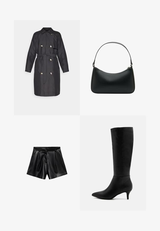 Černý trench coat vyrobený z hladké tkaniny, s dvouřadým zapínáním, zlatými knoflíky a odpovídajícím páskem v pase.; Šedý rolák vyrobený z měkkého, strukturovaného materiálu s volným střihem. Má ribované límce, manžety a lem. Jednoduchý design.; Černé kožené kraťasy se zvýšeným pasem, záhyby na přední straně a bočními kapsami. Hladká textura s lesklým povrchem.; Anna Field Vysoká obuv - black; Černá kožená kabelka přes rameno s zakřiveným tvarem, jedním plochým popruhem a svrchním zipovým uzávěrem. Hladká textura s minimem kovových detailů.