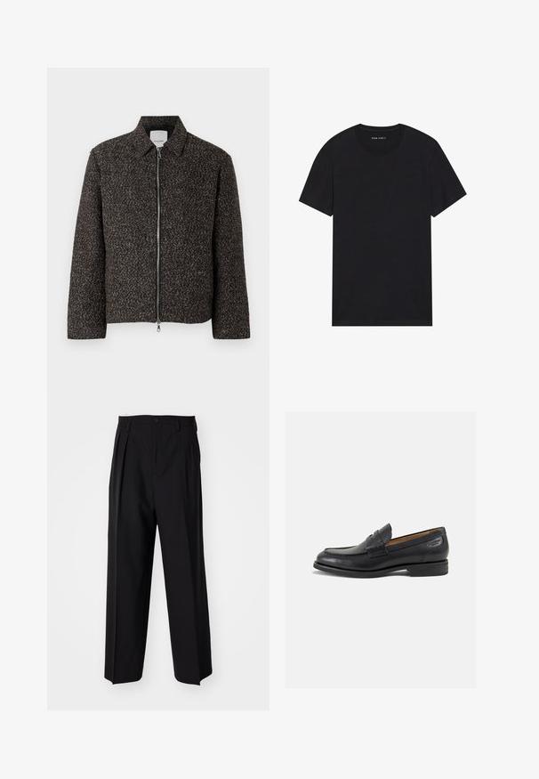 Brown textured jacket with a zip closure, spread collar, and long sleeves. Features a brushed fabric and a slightly cropped cut.; Black cotton t-shirt with short sleeves and a round neckline. The fabric has a smooth texture and a simple, solid design.; Black pleated trousers with a straight, wide-leg design. Made from smooth fabric, featuring a button closure and belt loops.; Black leather loafers with a smooth finish, rounded toe, and decorative stitching on the vamp. Low stacked heel and slight shine.