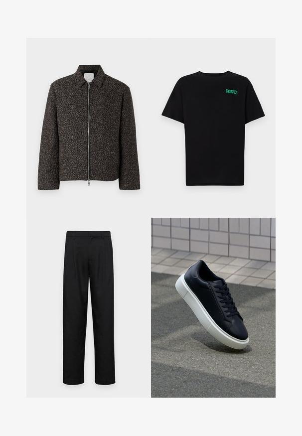 Brown textured jacket with a zip closure, spread collar, and long sleeves. Features a brushed fabric and a slightly cropped cut.; Black t-shirt made of cotton with short sleeves. Features a green "ROOTS" logo on the front, round neckline, and standard fit.; Black trousers made of smooth fabric, featuring a straight-leg design, two front pleats, and standard waistband with belt loops.; Black leather sneaker with rounded toe and white rubber sole. Features flat laces and minimal stitching on the upper. Textured sole for grip.
