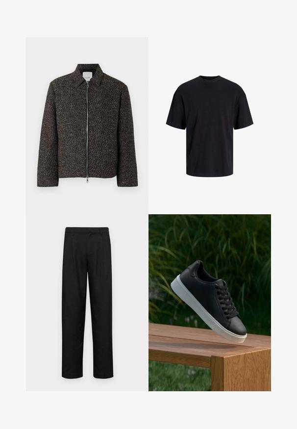 Brun teksturert jakke med glidelås, spredt krage og lange ermer. Har en børstet stoff og en litt kortere passform.; Svart bomull t-skjorte med rund hals, korte ermer og en avslappet passform. Glatt tekstur uten synlige mønstre eller detaljer.; Sorte bukser laget av glatt stoff, med rette ben, to frontfoldninger og standard liv med beltehemper.; Sorte skinnesneakers med en glatt tekstur, hvit gummisåle og seks hull for lisser, vises på en treoverflate.