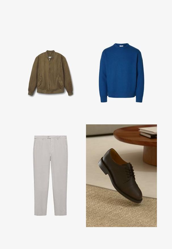 Braune Wildleder-Bomberjacke mit Reißverschluss vorne, geripptem Kragen und Bündchen sowie zwei Klappentaschen mit Druckknopfverschluss auf der Vorderseite.; Blauer Strickpullover mit Rundhalsausschnitt, langen Ärmeln sowie gerippten Bündchen und Saum. Glatte Textur in einfarbiger Ausführung ohne sichtbare Muster.; Hellgraue Chinos aus gewebtem Stoff, mit flachem Bund, Gürtelschlaufen und Fronttaschen. Figurnahe Passform mit geradem Bein.; Braune Lederdressschuhe mit strukturierter Oberfläche, Schnürdesign, kontrastierenden Nähten und einer strapazierfähigen Gummisohle, die über einem gewebten Teppich schwebt.