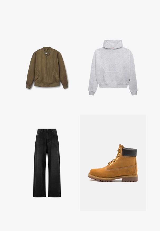 Giacca bomber in suede marrone con zip frontale, colletto e polsini a costine, e due tasche frontali con patta e bottone a pressione.; Felpa leggera grigia realizzata in morbido misto cotone. Caratterizzata da una tasca a marsupio, polsini a coste e un cappuccio con coulisse dal design minimalista.; Pantaloni in denim neri a gamba larga con vita alta, dotati di quattro tasche e un piccolo etichetta con logo sul davanti. Texture liscia, design semplice.; Stivale alla caviglia in suede tan con collare imbottito nero, occhielli in metallo dorato, dettagli in cucitura bianca e suola in gomma robusta con battistrada pronunciato.