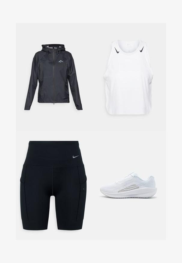 Juodas nepralaidus vandeniui švarkas su tekstūruotu paviršiumi, reguliuojama kapučine, dviem šoninėmis užtrauktuko kišenėmis ir subtiliu mėlynu kalno logotipu ant krūtinės.; Baltas be rankovių marškinėliai, pagaminti iš lengvos medžiagos, su juodais Nike logotipo akcentais ant pečių, apvaliu iškirpimu ir laisvu siluetu.; Juodos aukšto liemens sportinės šortai, pagaminti iš elastingos medžiagos; turi šonines kišenes ir mažą Nike logotipą ant juosmens.; Baldas sportinis batelis su tinkleliu viršuje, apvaliu toe ir tekstūruota padais. Pabrėžia sidabrinį Nike swoosh ir minimalistinį dizainą.
