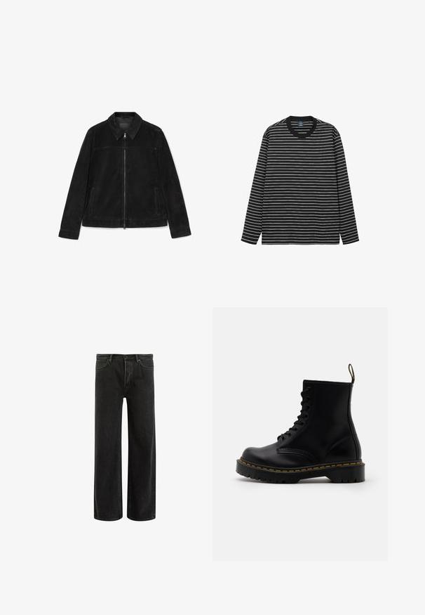 Sort ruskindjakke med fuld frontlynlås, spidse krave, lange ærmer og to lodrette sidelommer.; Langærmet t-shirt i sort og hvid stribe designet i blødt bomuldsstof. Har en rund halsudskæring og en kontrasterende sort ribbet krave.; Sorte denim bredde ben jeans med høj talje, med klassisk fem-lomme design og subtil falmning for et tekstureret udseende.; Sorte læder ankelstøvler med snørebånd foran, gul syning, en rund tå og en tyk, tekstureret gummisål.