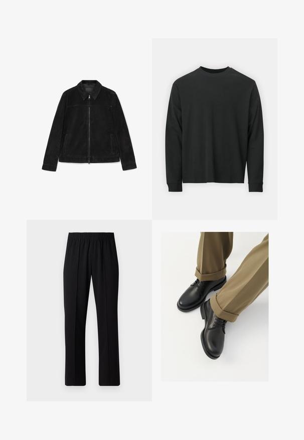 Giacca in suede nera con zip frontale completa, colletto a punta, maniche lunghe e due tasche laterali verticali.; Maglietta nera a maniche lunghe in cotone, con scollatura rotonda, vestibilità ampia e polsini a costine. Texture liscia senza motivi visibili.; Pantaloni neri con vita elasticizzata e design a gamba dritta, caratterizzati da una texture liscia e senza motivi o hardware visibili.; Scarpe da uomo in pelle nera con una finitura liscia, dotate di lacci e punta arrotondata, abbinate a pantaloni khaki arrotolati.