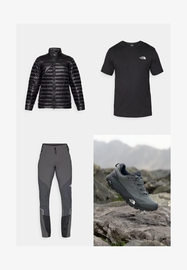 Črna puhovka z visokim ovratnikom, z zadrgo, prešito zasnovo in kontrastnim modrim logotipom na levem ramenu.; Črna kratko sleeved majica iz bombaža, s krožnim izrezom in majhnim belim logotipom na zgornjem levem delu prsnega koša.; Sive hlače za pohodništvo s tapered obliko, več žepi in kontrastnimi temno sivimi in črnimi detajli. Narejene iz prilagodljivega, trpežnega materiala.; Sive teka za trail tek, z teksturirano zgornjimi deli, trpežnim gumijastim podplatom in ojačanim kapico za prste. Ima vezi in logotip blagovne znamke na strani.