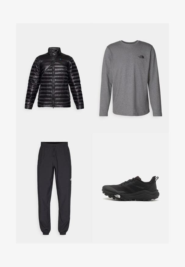 Veste matelassée noire avec un col montant, dotée d'une fermeture éclair, d'un design matelassé et d'un logo bleu contrastant sur l'épaule gauche.; The North Face M L/S SIMPLE DOME TEE - T-shirt à manches longues - medium grey heather; Pantalon de sport noir en tissu léger, avec une taille à cordon, des poches latérales et des chevilles resserrées.; Chaussure de trail running noire avec une tige texturée, semelle en caoutchouc et bout renforcé. Présente un col rembourré et une tirette pour un enfilage facile.