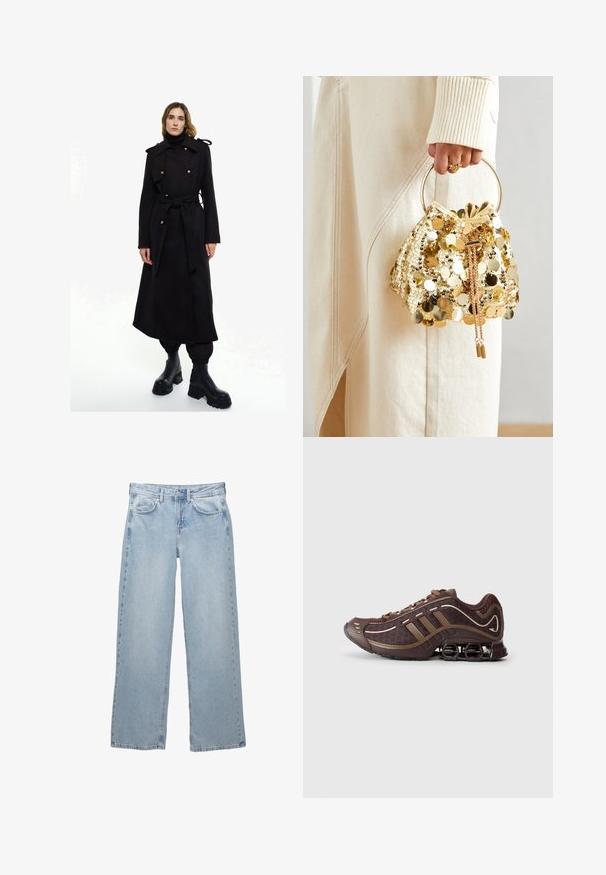 Lange zwarte wollen jas met een riem in de taille, dubbelzijdig ontwerp, gouden knopen en schouder epauletten. Draag over een zwarte coltrui en broek.; Zwarte longsleeve top van zacht materiaal, met een gedrapeerd ontwerp en een kruislings front en een boot halslijn. Soepele textuur, cropped lengte.; Lichtblauwe denim jeans met een wijdere pijpdesign, voorzien van een knoop- en ritsluiting, vijf zakken en minimale stikseldetails.; Bruin sportschoen met bovenkant van mesh en synthetisch materiaal, voorzien van drie strepen, gedetailleerde stiksels, tochtige zool en kenmerkende veerkrachtige hak.; Gouden pailletten trekkoord handtas met een ronde handgreep, versierd met glanzende ronde pailletten en een gemêleerde stof. Afmetingen zijn niet opgegeven.