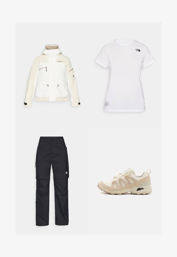 White and cream waterproof jacket with a hood, multiple zippered pockets, a logo on the chest, and adjustable cuffs. Smooth texture.; White cotton t-shirt featuring a black logo on the left chest and a gray graphic design at the bottom right. Classic crew neck and short sleeves.; Black nylon zip-off cargo trousers with adjustable cuffs, multiple pockets, and a logo on the right leg. Smooth, lightweight texture.; Beige and cream athletic shoe with textured mesh upper, supportive overlays, and rubber outsole featuring a tread pattern for traction.
