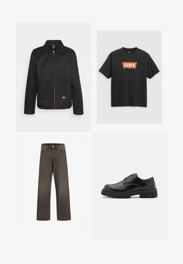 Black zip-up jacket with a collar, featuring two front pockets and a small logo on the lower side. Made of sturdy fabric with a smooth texture.; Black cotton t-shirt featuring a large orange Levi's logo on the front, short sleeves, and a crew neck design.; Wide-leg jeans in dark grey denim, featuring a high waist, classic five-pocket design, and contrasting stitching along the seams.; Black leather shoes with a rounded toe, lace-up design, and a thick, textured rubber sole. Features stitching along the edge and a smooth finish.