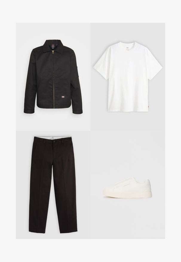 Crna jakna na zatvaranje s ovratnikom, s dva prednja džepa i malim logotipom na donjoj strani. Izrađena je od čvrste tkanine s glatkom teksturom.; Bijela kratka majica od pamuka s okruglim izrezom. Sadrži suptilni reljefni logo detalj sprijeda i crvenu oznaku na rubu.; Crne ravne chinos hlače s petljama za remen, kopčanjem na dugme i bočnim džepovima, prikazane na svijetlosivoj pozadini.; Bijele slip-on tenisice s teksturiranom površinom, debelim đonom i minimalističkim dizajnom. Sadrže logo branda sa strane.