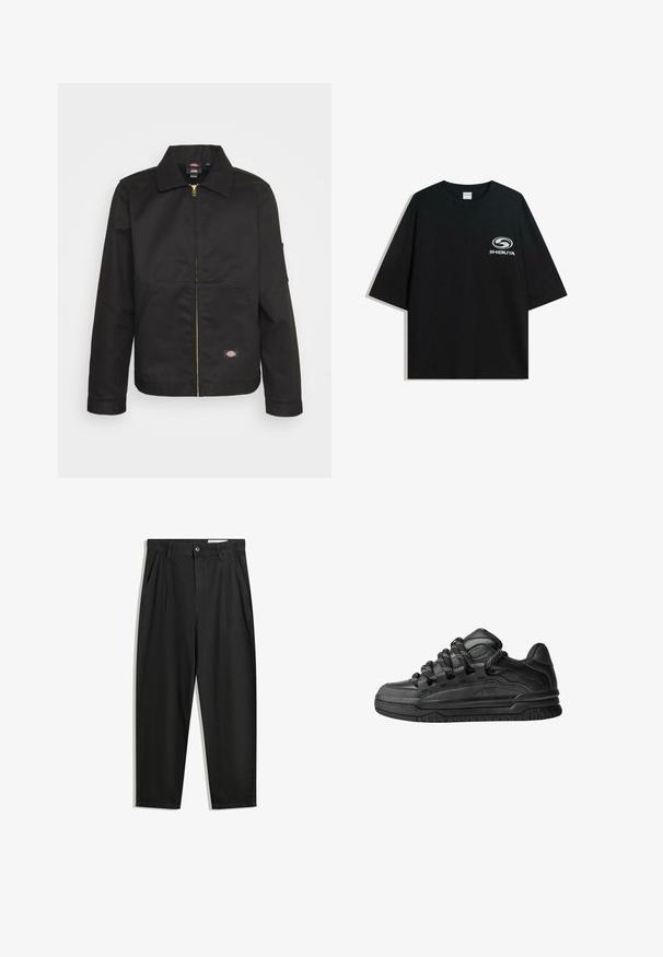 Black zip-up jacket with a collar, featuring two front pockets and a small logo on the lower side. Made of sturdy fabric with a smooth texture.; Black oversized cotton t-shirt featuring a round neckline and short sleeves, with a white "Shibuya" logo printed on the front.; Black cotton trousers with a relaxed fit, featuring a classic waistband, front pleats, and side pockets. Smooth texture without patterns.; Black sneakers with a smooth leather upper, textured accents, and round black and white laces. Thick rubber sole with a patterned tread.