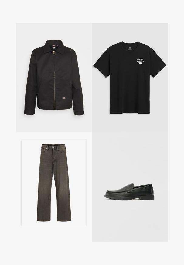 Crna jakna na zatvaranje s ovratnikom, s dva prednja džepa i malim logotipom na donjoj strani. Izrađena je od čvrste tkanine s glatkom teksturom.; Crna pamučna majica s printom na prsima koji glasi "KUĆNE BILJKE" u bijelom stiliziranom fontu s "Levi's" ispod. Klasični okrugli izrez.; Široke traperice u tamnosivom denimu, s visokim strukom, klasičnim dizajnom s pet džepova i kontrastnim šavovima duž šavova.; Crne kožne mokasine s glatkom površinom, gornji dio u stilu mokasina, ojačani šavovi i gumeni potplat. Klasičan dizajn s niskom petom.