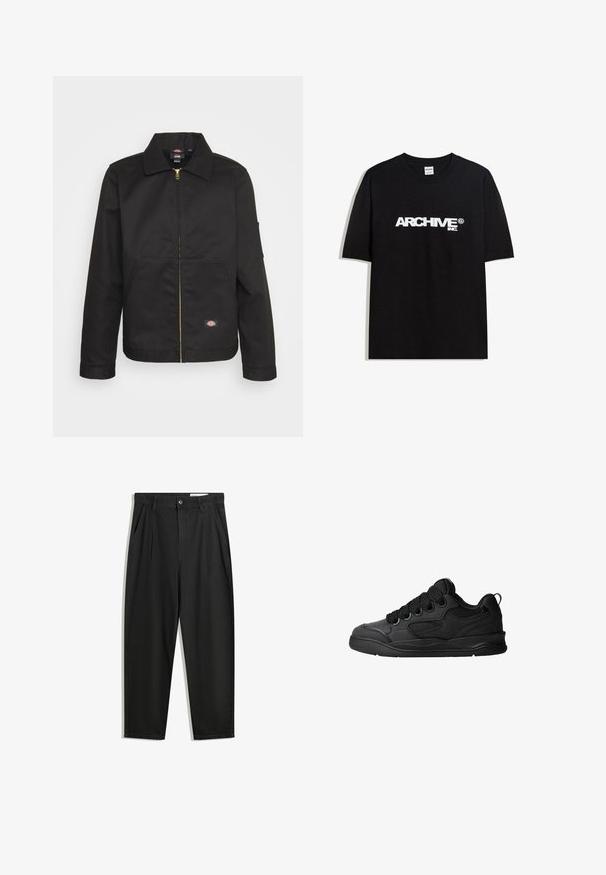 Svart zip-up jacka med krage, med två framfickor och en liten logotyp på den nedre sidan. Tillverkad av slitstarkt tyg med en slät yta.; Svart bomull T-shirt med en vit "ARCHIVE inc." logotyp över bröstet, korta ärmar och rundad halsringning.; Svarta bomullsshorts med avslappnad passform, med en klassisk midja, framveck och sidfickor. Slät textur utan mönster.; Svarta sneakers med en texturerad övre del, som har snören, meshaccenter för andningsförmåga, vadderad krage och en robust sula.