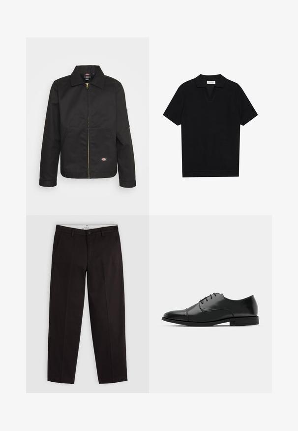 Casaco preto com fecho éclair e colarinho, apresentando dois bolsos frontais e um pequeno logótipo na parte inferior. Feito de um tecido resistente com uma textura suave.; Polo preto de manga curta com tecido texturizado e canelado, apresentando um decote em V e uma bainha reta. Sem logótipos ou padrões visíveis.; Chinos pretos de perna reta com passantes para cinto, fecho de botão e bolsos laterais, exibidos sobre um fundo cinza-claro.; Sapatilha de pele preta com biqueira arredondada, design de atacadores, detalhes de costura sutis e um salto baixo. Textura suave com acabamento polido.