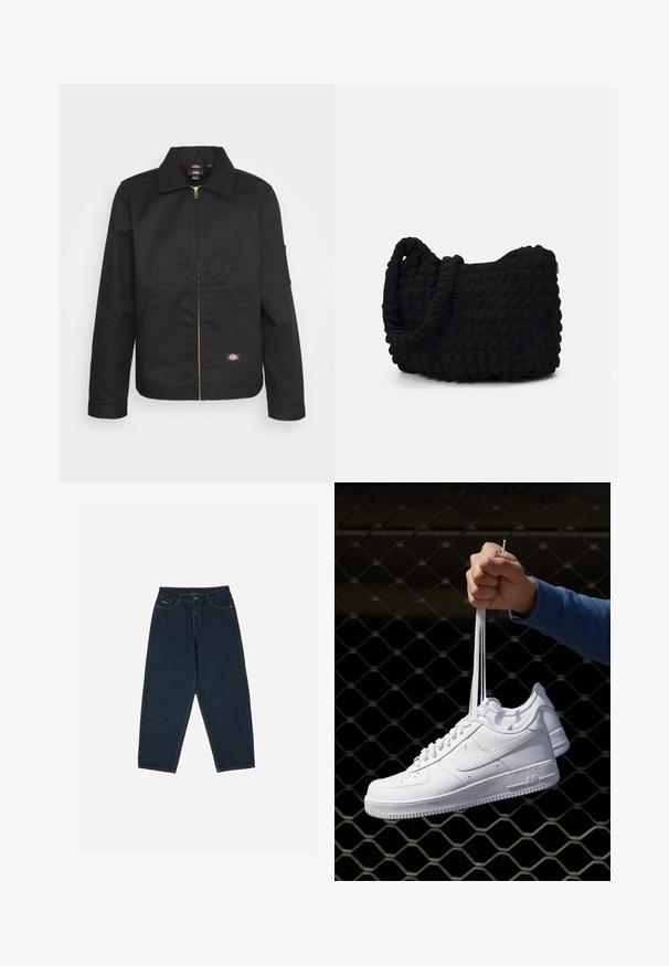 Casaco preto com fecho éclair e colarinho, apresentando dois bolsos frontais e um pequeno logótipo na parte inferior. Feito de um tecido resistente com uma textura suave.; Pacote de cinco t-shirts preto de gola redonda. Mangas curtas, material em algodão, corte standard. Textura suave, sem padrões ou embelezamentos visíveis.; Jeans de cintura alta, de cor azul-escura, com um corte descontraído, apresentando cinco bolsos e um fecho em botão. Feitos de denim com uma textura suave.; Sapatilhas de couro branco com perfurações, biqueira redonda, sola plana e atacadores grossos, apresentando um logotipo swoosh visível e "AIR" no calcanhar.; Saco de tecido preto com um padrão texturizado e acolchoado. Forma arredondada, alças curtas e grossas, e uma estrutura macia e flexível.