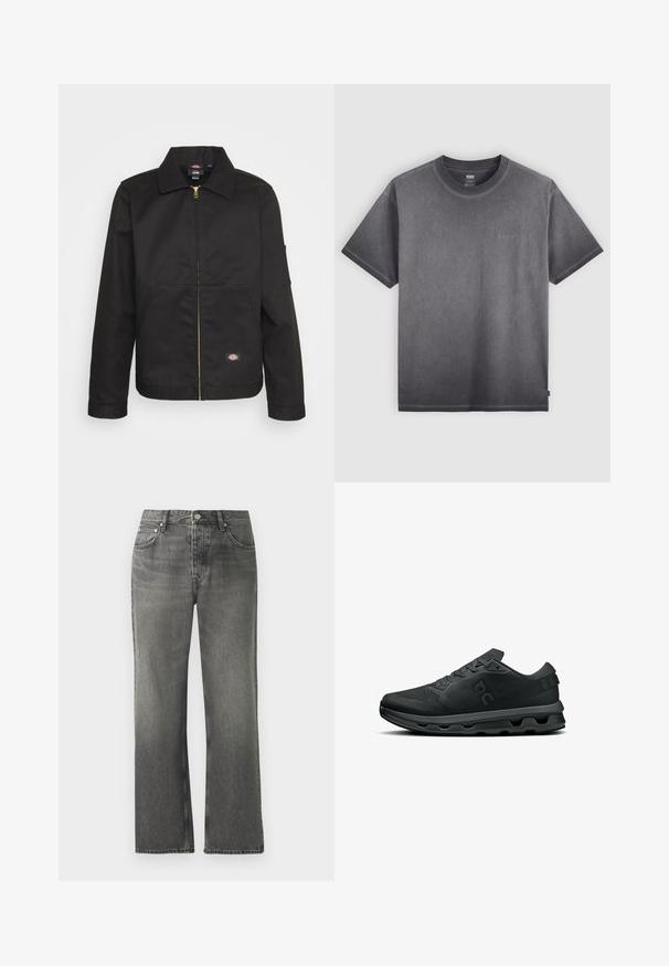 Fekete, zipzáros dzseki gallérral, két elülső zsebbel és egy kis logóval az alsó részen. Tartós anyagból készült, sima textúrával.; Szürke pamut póló kerek nyakkivágással, rövid ujjakkal és diszkrét logóval a mellrészen. Puha tapintás és laza fazon.; Szürke farmernadrág egyenes lábszárral, öt zsebbel és látható varrási részletekkel. A deréktól az aljáig világosabb elhalványulás.; Fekete sportcipők hálós felsőrésszel, párnázott nyakkal és gumitalppal, amely figyelemfelkeltő szegmensekbe osztott kialakítással rendelkezik. A fűzők megerősített fűzőlyukakon keresztül vezetve.