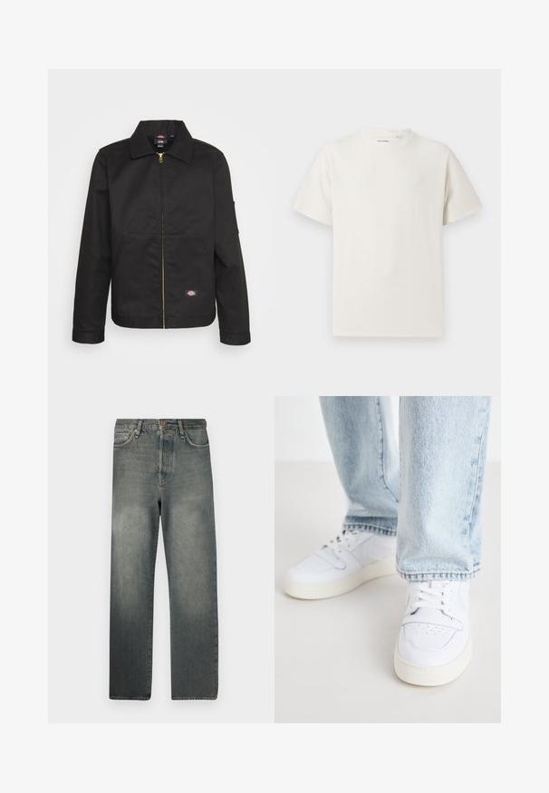 Černá zipová bunda s límcem, vybavená dvěma předními kapsami a malým logem na dolní straně. Vyrobena z odolné tkaniny s hladkou strukturou.; Bílý krátký rukáv tričko s pružnou strukturou. Kulatý výstřih, volný střih, bez viditelných vzorů nebo detailů. Jednoduchý a univerzální design.; Jack & Jones JJIALEX JJCOOPER - Baggy džíny - black denim; Bílé kožené tenisky nízkého střihu s perforovaným špičkou, plochými tkaničkami a minimalistickým designem. Spárovány s světle modrými denimovými džíny.