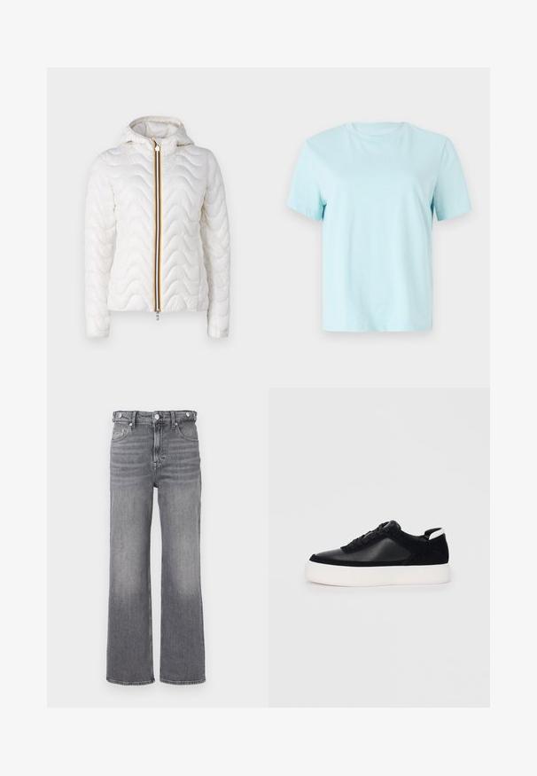 K-Way QUILTED WARM - Light jacket - white gardenia; Light blue cotton t-shirt featuring short sleeves, a crew neck, and subtle 'Calvin Klein' embroidered logo on the front.; High-waisted straight-leg grey denim jeans with fading details and metal button accents on waistband and pockets.; Black sneaker with smooth leather and suede panels, flat laces, rounded toe, and a white rubber sole. Distinct logo on the heel.