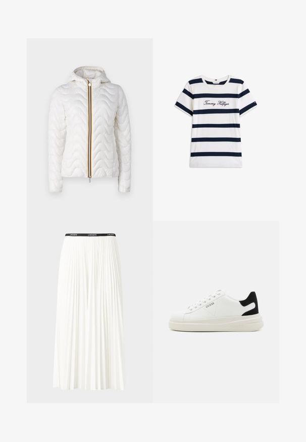 K-Way QUILTED WARM - Lett jakke - white gardenia; Koftet laget av bomull har horisontale marineblå striper på hvit bakgrunn. "Tommy Hilfiger" brodert i kursiv på brystet. Rund hals.; Plissert hvit skjørt med en svart elastisk midje som har "LACOSTE"-logoen. Midjelengde design med myk tekstur.; Hvite lær sneakers med tykk hvit såle, svart semsket hælforsterkning og preget logo på siden. Snøresystem med seks hull.